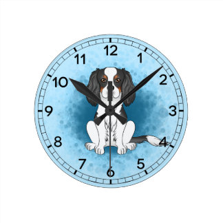 Tricolor Cavalier King Charles Spaniel Dog On Blue Round Clock