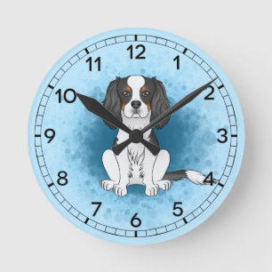 Tricolor Cavalier King Charles Spaniel Dog On Blue Round Clock