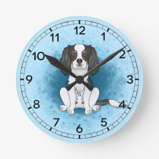 Tricolor Cavalier King Charles Spaniel Dog On Blue Round Clock