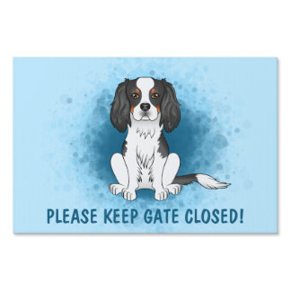 Tricolor Cavalier King Charles Spaniel Dog On Blue Sign