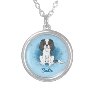 Tricolor Cavalier King Charles Spaniel Dog On Blue Silver Plated Necklace