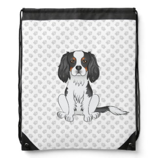Tricolor Cavalier King Charles Spaniel Dog &amp; Paws Drawstring Bag