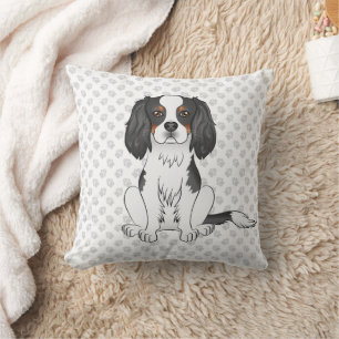 Tricolor Cavalier King Charles Spaniel Dog & Paws Throw Pillow