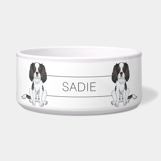 Tricolor Cavalier King Charles Spaniel Dogs & Name Bowl (Front)
