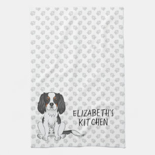 Tricolor Cavalier King Charles Spaniel Dogs & Text Kitchen Towel