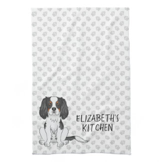Tricolor Cavalier King Charles Spaniel Dogs &amp; Text Kitchen Towel