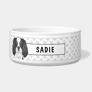 Tricolor Cavalier King Charles Spaniel Head &amp; Name Bowl