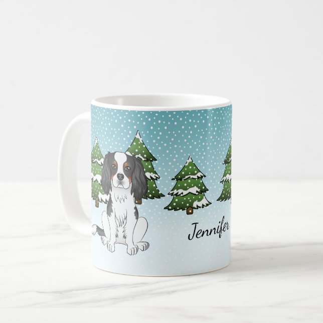 Tricolor Cavalier King Charles Spaniel In Winter Coffee Mug (Front Left)