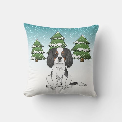 Tricolor Cavalier King Charles Spaniel In Winter Throw Pillow