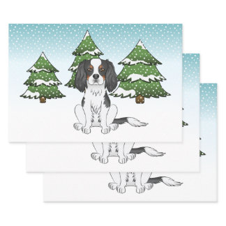 Tricolor Cavalier King Charles Spaniel In Winter Wrapping Paper Sheets