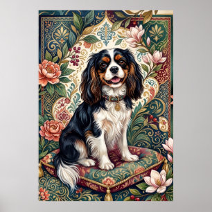 Tricolor Cavalier Spaniel Floral Folk Art Poster