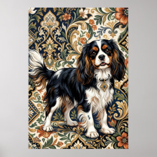 Tricolor Cavalier Spaniel Ornate Floral Art Poster