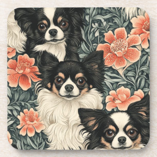 Tricolor Chihuahuas William Morris Style Floral Beverage Coaster