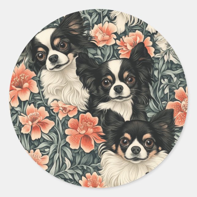 Tricolor Chihuahuas William Morris Style Floral Classic Round Sticker (Front)