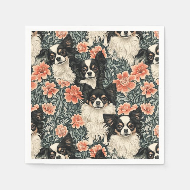 Tricolor Chihuahuas William Morris Style Floral Napkins (Front)