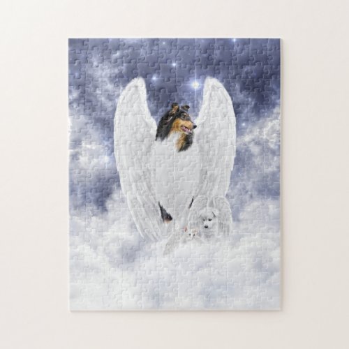 Tricolor Collie Angel and Cherubim in Dog Heaven _ Jigsaw Puzzle