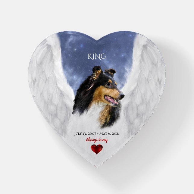 Tricolor Collie Angel, Heaven - Pet Memorial Heart Paperweight (Front)