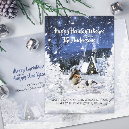 Tricolor Collie  Lambs in Magic Christmas Night _ Holiday Card