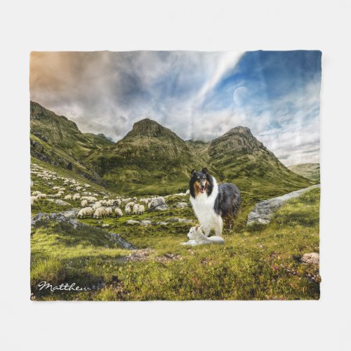 Tricolor Collie w Lamb and Sheep _ Personalized Fleece Blanket