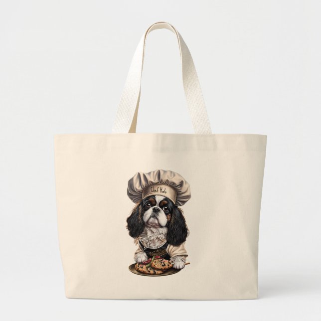 Tricolor Cooking Chef Cavalier Charles Spaniel Large Tote Bag (Front)