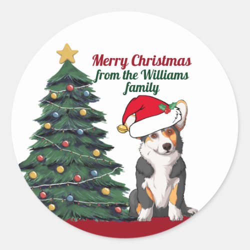 Tricolor Corgi Christmas Dog Santa Hat Cute Gift Classic Round Sticker