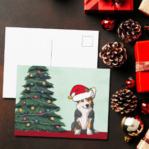 Tricolor Corgi Christmas Tree Dog Santa Hat Cute Holiday Postcard