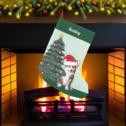 Tricolor Corgi Christmas Tree Monogrammed Green Small Christmas Stocking
