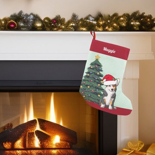 Tricolor Corgi Santa Christmas Tree Custom Red Small Christmas Stocking