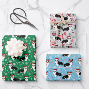 Tricolor Corgi Santa Hat Christmas 3 Coordinating Wrapping Paper Sheets