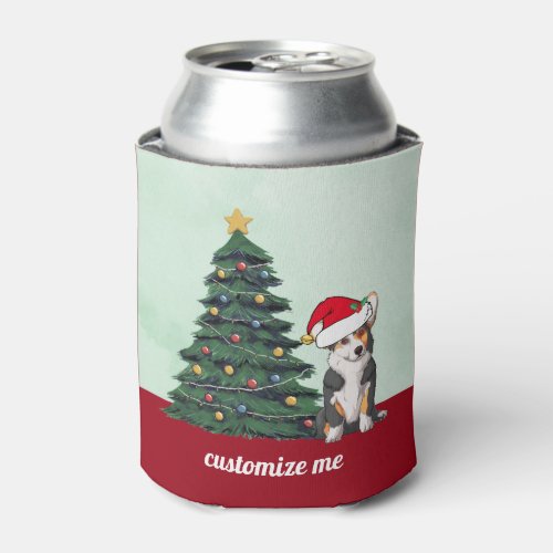 Tricolor Corgi Santa Hat Personalized Christmas Can Cooler