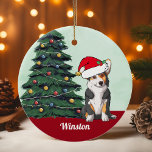 Tricolor Corgi Santa Hat Personalized Christmas Ceramic Ornament<br><div class="desc">This beautiful Pembroke Welsh Corgi dog has a cute Santa Claus hat and an adorable head tilt. The tricolor pup is sitting in front of a pretty Christmas tree decorated with colorful ornaments. Personalize your pet's name in lovely cursive under the wonderful drawing of my favorite doggy.</div>