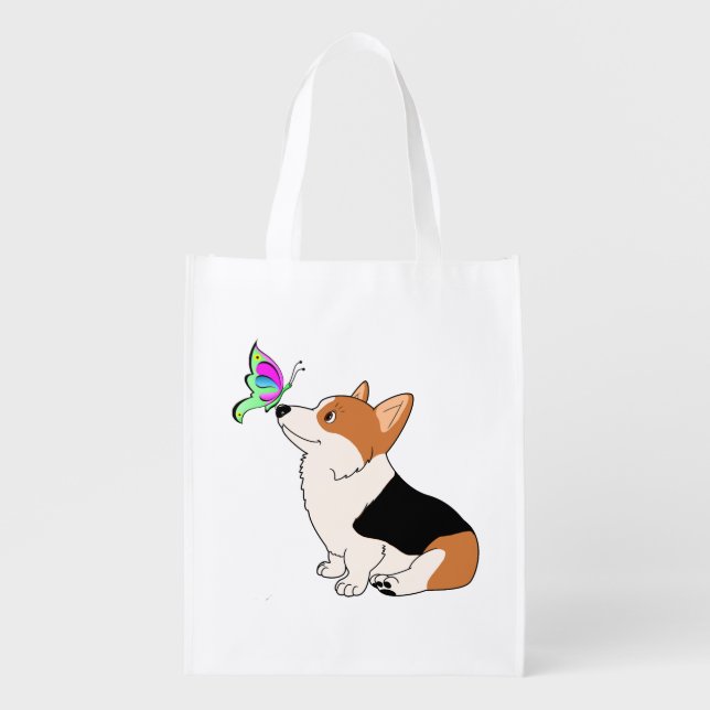 Tricolor Corgi with Butterfly Grocery Bag (Front)