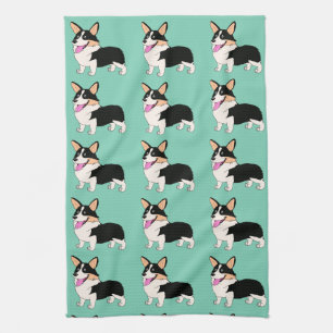 Tricolor Corgis in light green Kitchen Towel
