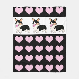 Tricolor Corgis with Hearts Fleece Blanket