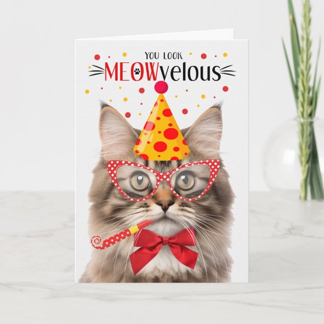 Tricolor Fluffy Tabby Cat MEOWvelous Birthday Card (Front)