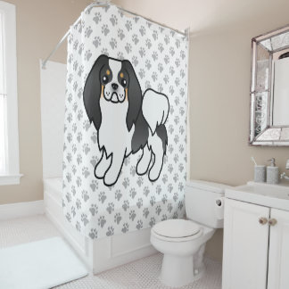 Tricolor Japanese Chin Cartoon Dog &amp; Paws Shower Curtain