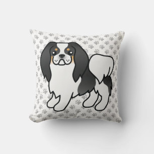 Tricolor Japanese Chin Cartoon Dog & Paws Throw Pillow