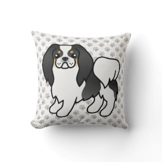 Tricolor Japanese Chin Cartoon Dog &amp; Paws Throw Pillow