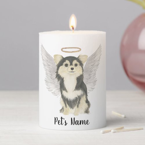 Tricolor Long Haired Chihuahua Sympathy Memorial Pillar Candle