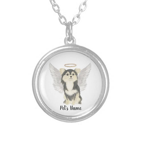 Tricolor Long Haired Chihuahua Sympathy Memorial Silver Plated Necklace