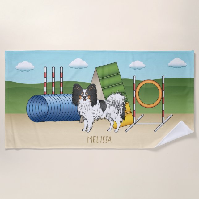 Tricolor Papillon Agility Dog With Custom Name Beach Towel (Front)