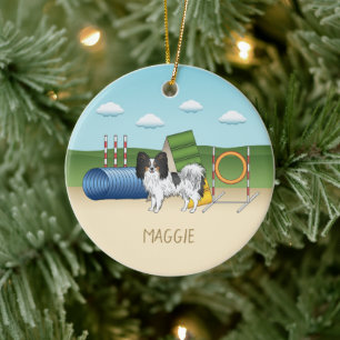 Tricolor Papillon Agility Dog With Custom Name Ceramic Ornament