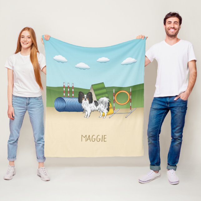 Tricolor Papillon Agility Dog With Custom Name Fleece Blanket (In Situ)