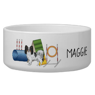 Tricolor Papillon Agility Dog With Dog's Own Name Bowl