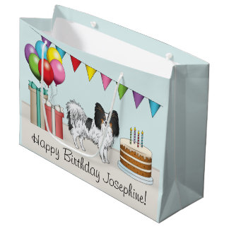 Tricolor Papillon Cartoon Dog Colorful Birthday Large Gift Bag