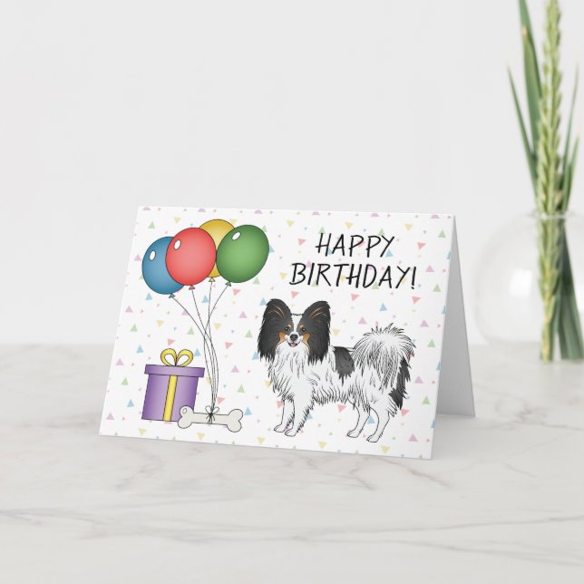 Tricolor Papillon Cartoon Dog Happy Birthday Card (Front)
