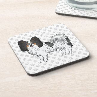 Tricolor Papillon Cartoon Dog On Gray Paw Pattern Beverage Coaster