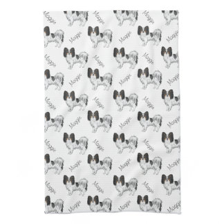 Tricolor Papillon Cartoon Dog Pattern With Name Kitchen Towel