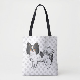 Tricolor Papillon Cartoon Dog With Paw Pattern Tote Bag