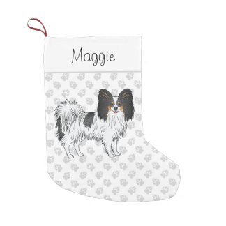 Tricolor Papillon Cartoon Dog With Paws And Name Small Christmas Stocking